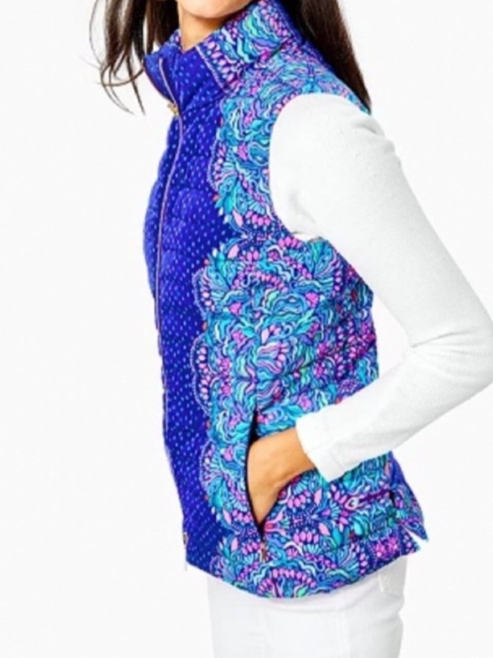 Lilly Pulitzer Noella Puffer Vest Blue Floral Print XL Polyester